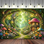 Enchanted Forest Backdrop, Magical Fairy Garden Colorful Mushroom Floral Butterfly Glowing Lantern Tree Arch Photo Background Banner for Girls Birthday Baby Shower Party Photography 12X10ft - Image 4