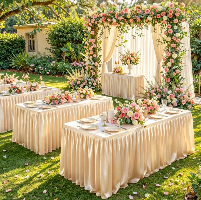 Champagne Polyester Table Cloths for Rectangle 8 Foot Tables, 2 Pack Wrinkle Free Tablecloths Stretchy Banquet Ruffle Fitted Table Cover Desk Skirt for Parties Wedding Birthday Baby Shower - Image 3