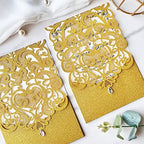 Hosmsua 50PCS Blank Wedding Invitation Cards 5 x 7.3 Inch Gold Laser Cut Hollow Heart Floral Invitation with Rhinestone pockets invitations for Engagement Quinceanera Invite (Gold Glitter) - Image 4