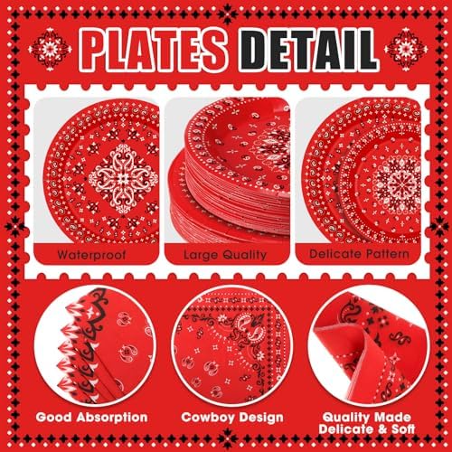 Funnymoom 400 Pcs Western Cowboy Party Supplies for 50 Guests Red Bandana Western Paper Plates and Napkins Knives Spoon Fork Cup Disposable Paisley Farm Dinner Party Set for Baby Shower Birthday - Image 2