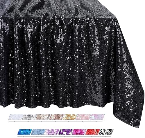 90x156 Inch Rectangle Sequin Tablecloth Glitter Black Wedding Table Linens by QueenDream