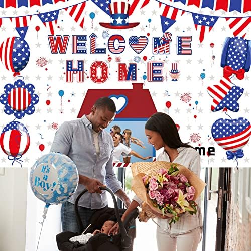 Custom Welcome Home Decorations Kit Military Welcome Home Banner Red White and Blue Balloons Patriotic Paper Fans Star Streamers Tablecloth for Patriotic Memorial Day Deployment Returning Party Decor(6x9ft) - Image 5