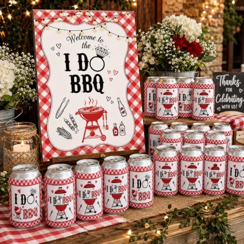 I Do BBQ Party Decorations Set 36 Pcs 12 oz Wedding Can Cooler Sleeves Bulk with Wooden Sign Rustic Red Gingham Theme BBQ Bridal Shower Decorations for Wedding Engagement Bachelorette Party - Image 6