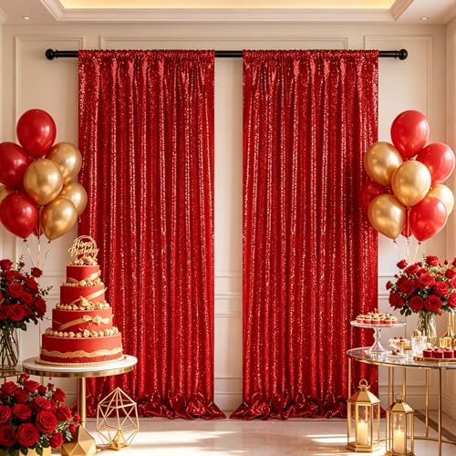 Red Glitter Sequin Backdrop Curtains 8ftx8ft Photo Drapes - Image 6