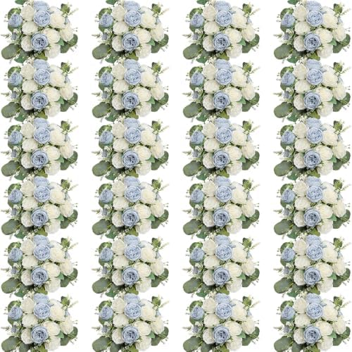 24 Bundles Dusty Blue White Artificial Peonies Silk Flowers Bulk by Nagobi