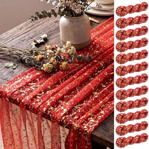 Shihanee 12 Pcs Red Gold Gauze Table Runners Sheer Cheesecloth Runner by Shihanee