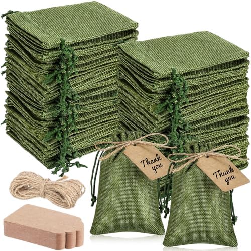 Woanger 100 Pcs Drawstring Burlap Gift Bags 4x6'' with Tags, Dark Green by Woanger