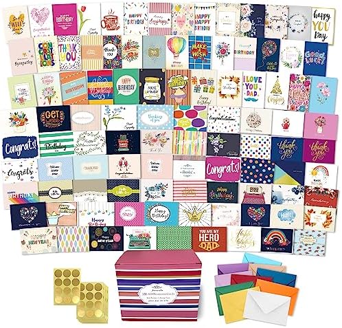 Janvale 100 All Occasion Cards Assortment Box with Color Envelopes，All Occasion Cards Set with Greeting Inside, Large 5 x 7 inch Cards with Stickers and Dividers by Janvale