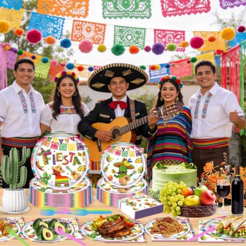 250 Pcs Mexican Fiesta Plates and Napkins, 50 Guests Disposable Cinco de Mayo Party Dinnerware Mexico Tableware Set for Mexican Theme Taco Tuesday Holiday Party Supplies - Image 4