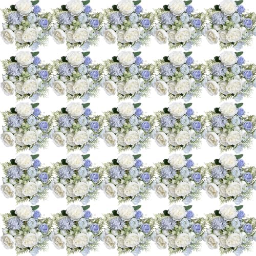 Bundles Artificial Peonies, 24 Bundles - Dusty Blue & White by Scawim