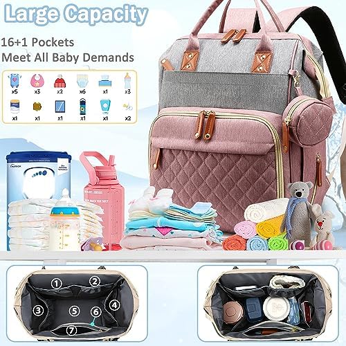 SHITIESHOU Diaper Bag Backpack Baby Bag, Baby Girl Boy Diaper Bag for Dad Mom with Pad, 16 Pockets, Pacifier Case, Large Diaper Bags Unisex for Travel(Pink Grey) - Image 2