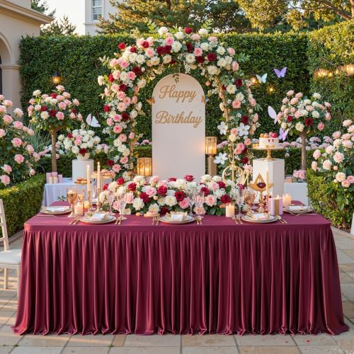 1 Pack Burgundy Satin Tablecloths Rectangle 4FT, Glitter Spandex Fitted Stretch Table Covers Wrinkle-Free Floor Length Shimmer Table Skirt for Weddings Parties Baby Shower Banquets Vendor Events by Partisky