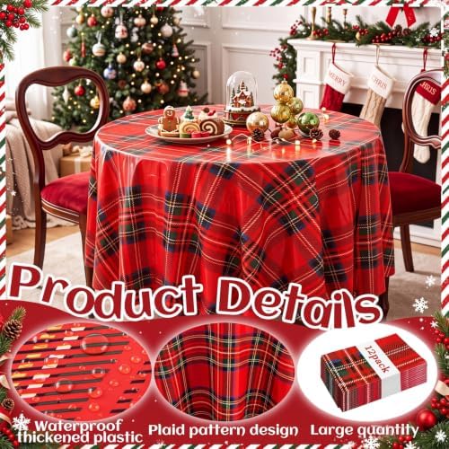 Ganeen 12 Pcs Christmas Tartan Plaid Tablecloth Round 84 in Red Plastic - Image 3