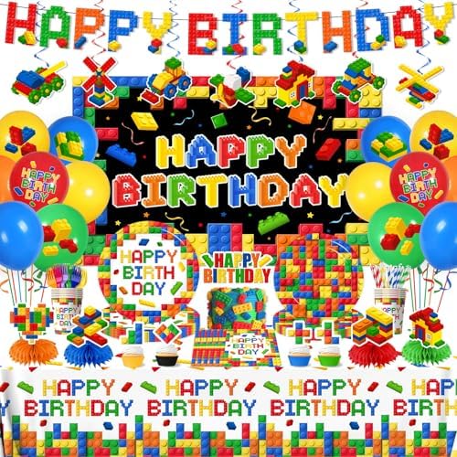 198Pcs Building Block Birthday Party Decorations with Plates, Napkins,Cups,Banner,Backdrop,Tablecloth, Balloons,Cake Toppers,Honeycombs for Boys Kids Birthday Party Supplies Serve 24 Guests by Gupesxu