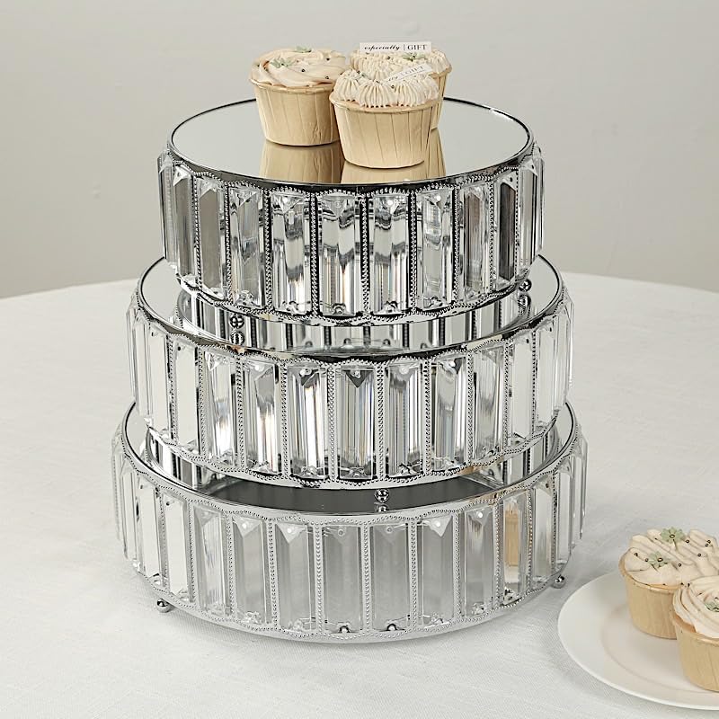 3 Silver Round Stackable Metal Cake Stands with Crystal Pendant and Mirror Top Wedding Birthday Party Display Dessert Riser Pedestal Centerpieces - Image 6