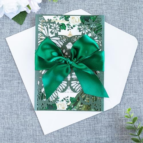 20 PCS 5.12x7.2 Butterfly Personalized Quinceanera Invitation, Customized XV Anos Laser Cut Invitation Cards with Envelopes (Emerald Green Personalized) - Image 6