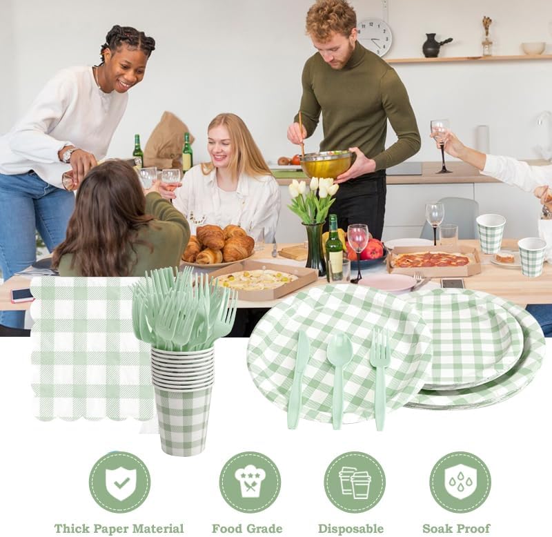 168Pcs Gingham Party Supplies for 24 Guests Thick Paper Plates and Napkins Knives Spoons Forks Cups Disposable Party Set Cutlery for Dinner Baby Shower Wedding Favor(Sage Green) - Image 4