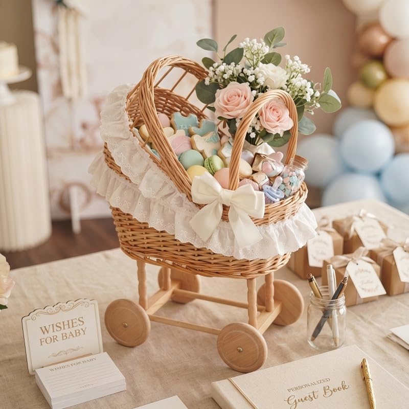 Vintage Wicker Baby Carriage Centerpiece with White Lace Trim (XL Wicker Carriage a) - Image 6