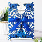 Hosmsua 20PCS Laser Cut Flora Lace Wedding Invitations Kit with Bowknot 5.12 x 7.3'' Invitations for Wedding Bridal Shower Engagement Quinceanera Party (Royal Blue Glitter) - Image 6