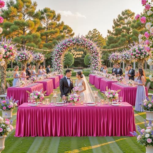 Wish Care Hot Pink Polyester Table Clothes for 8 Foot Rectangle Tables, Wrinkle Free Fitted Table Cover with Pleated Ruffle Table Skirt for Birthday Party Wedding Trade Show Event Display - Image 3