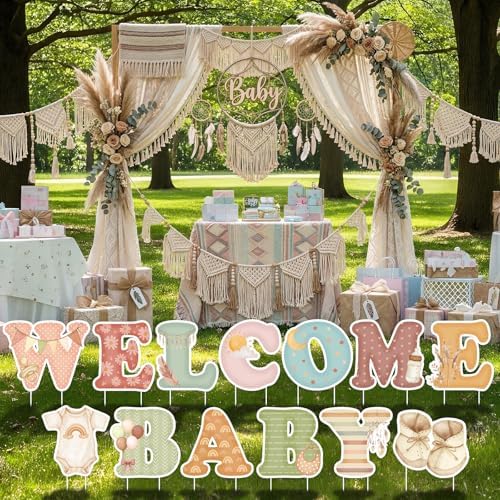 Ripeng 13 Pcs Boho Baby Shower Decorations Welcome Baby Yard Signs with Stakes 15 Inch Tall Lawn Signs for Gender Reveal Theme Birthday Party Indoor Outdoor Supplies - Image 5