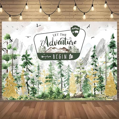 Watercolor Gold Glitter Let The Adventure Begin Backdrop Mountain Pine Tree Wilderness Background Bear Badge Woodland Adventure Baby Shower 1st Birthday Party Photography Booth Banner，A：9X6FT - Image 2