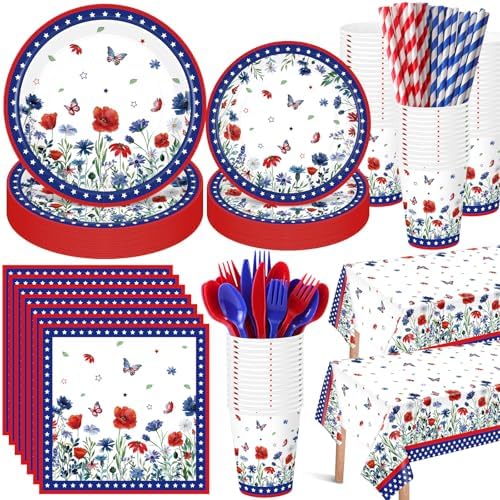Funnymoom 434 Pcs Patriotic Floral Party Decorations Paper Plates Serve 48 by Funnymoom
