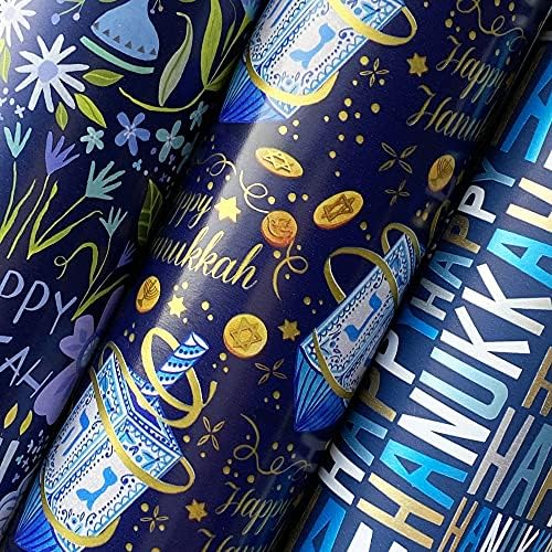 Jillson Roberts Hanukkah Wrapping Paper Roll Bundle - 3 Pack (75 sq ft Total) Floral Menorah, Happy Hanukkah Greetings - Image 2
