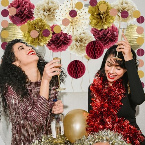 Burgundy and Gold Party Decorations Maroon Gold Burgundy Paper Pom Poms Lanterns Glitter Dots Hanging Garland for Birthday Bridal Shower Bachelorette Graduation Party Decor (Pack of 2) - Image 2