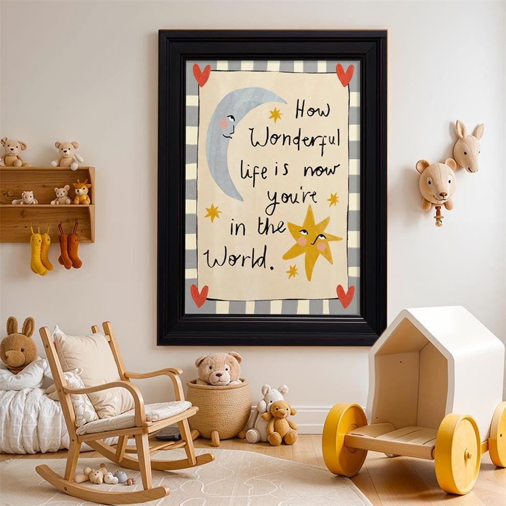 Vintage Framed Colorful Kids Quotes Motivational Wall Art 16x24 inch HOW WONDERFUL LIFE IS NOW YOU'RE IN THE WORLD Poster Cute Moon And Stars Canvas Prints Nursery Classroom Wall Decor - Image 4