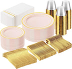 GATHER 350PCS Pink Plastic Plates with Gold Rim for Wedding Baby Shower by Gather