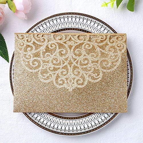 ponatia 5.12 x 7.2 Laser Cut Invitation Pocket, 20PCS Tri-Fold 5 x 7 Laser Cut Wedding Invitation Pockets with Envelopes for Wedding Bbay Shower Birthday Invite (Gold Glitter, No Inner Sheet) - Image 2