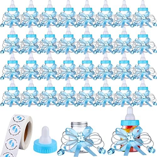 62 Pcs 3.5 Inch Baby Mini Milk Bottle Baby Shower Favor with 500 Adhesive Thank You for Showering Stickers, Small Plastic Bear Candy Bottle with Ribbon for Boy Girl Newborn Baptism Party Decor (Blue) by PINKXHY