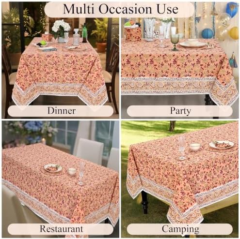 Ridhi Apricot Rosette Vine (Wine Red) Hand Block Print Cotton Rectangle Tablecloth 60x60 inch Reusable Table Cover Decorative Everyday Use for Dining Room, Farmhouse, Home Gift for Spring, Summer - Image 5