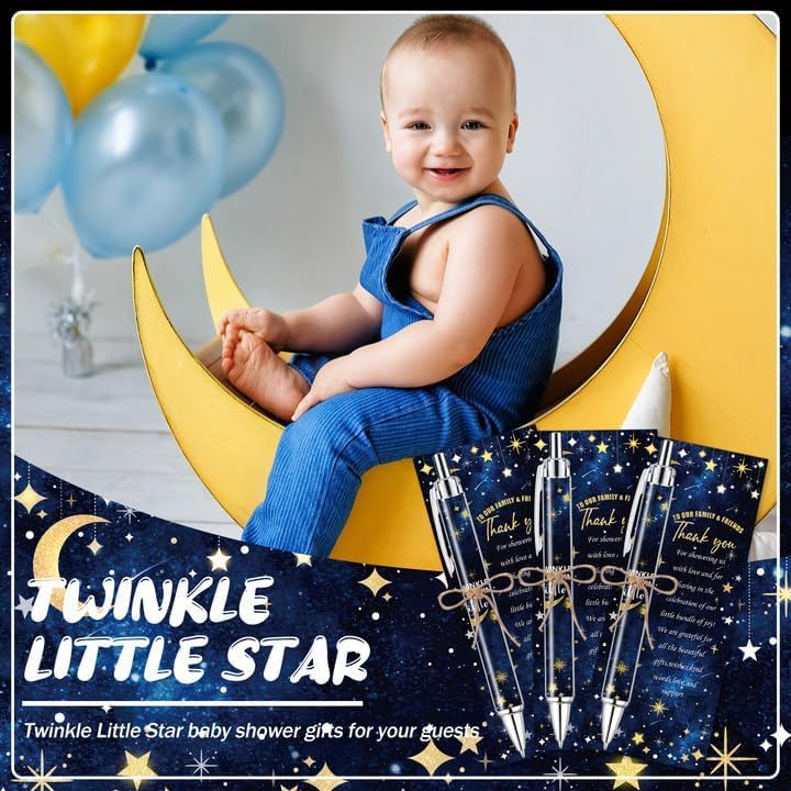 145 Pieces Twinkle Little Star Baby Shower Favors for Guest Moon and Star Ballpoint Pens and Keychains Gifts Bulk Retractable Baby Shower Pens Gender Reveal Thank You Cards Souvenirs Prizes - Image 5