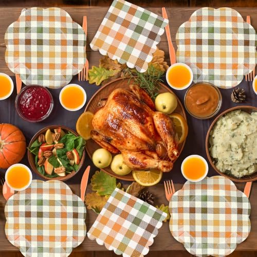 400 Pcs Fall Plaid Paper Plates and Napkins Set Autumn Disposable Checkered Dinner Party Set for 50 Guests Include Orange and Green Scalloped Plates Napkins Cup & Cutlery for Thanksgiving Fall Wedding - Image 5