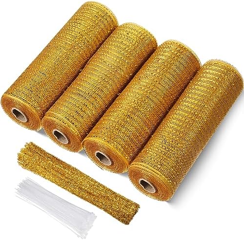 Funtery 4 Rolls 40 Yard Christmas Deco Mesh Decorative, Gold by Funtery