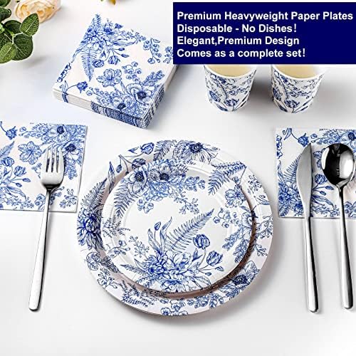 Dandat 250 Pcs Blue Floral Paper Plates and Napkins Blue Bridal Shower Tea Party Decorations Blues White Floral Tableware Set for 50 Guests Disposable Plates Napkins Cups Wedding Baby Bridal Shower - Image 3