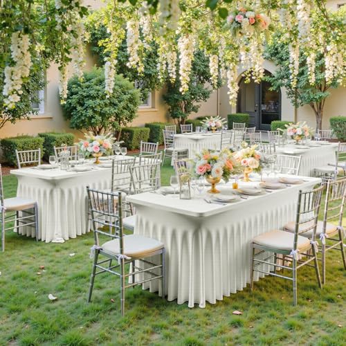 NSSONBEN 2 pk Ivory Spandex Tablecloth for 8 Foot Rectangle Tables,Wrinkle Free High Stretch Cream Fitted Tablecloths with Ruffle Skirt, Elastic Spandex Table Covers 8ft for Parties Weddings Banquet - Image 3