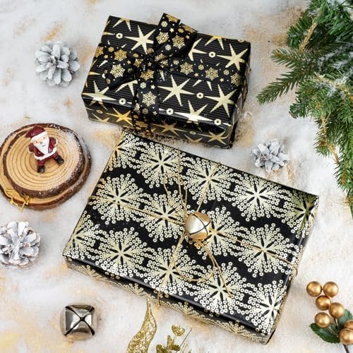 WRAPAHOLIC 30 Inch Christmas Wrapping Paper Roll - Jumbo Roll Black Gold Christmas Sleigh Holiday Design with Metallic Foil Shine - 4 Rolls - 30 Inch x 120 Inch Per Roll - Image 5