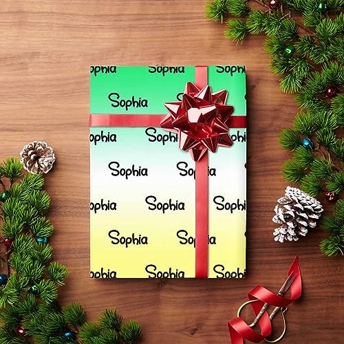 Personalized Gradient Green White & Yellow Wrapping Paper with Logo, Custom Name Gift Wrapping Paper Roll with Text for Friend Grandma Grandpa Birthday Wedding Christmas Gifts 58x23 5 Rolls - Image 4