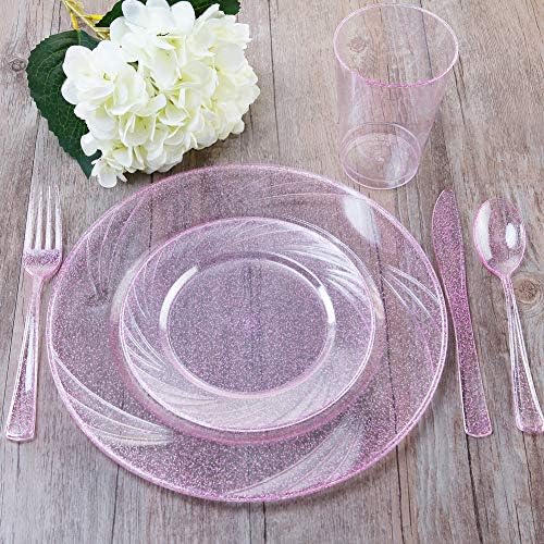 WDF Rose Gold Pink Plastic Plates with Pink Plastic Silverware include 40 Dinner & Salad Plates, 40Forks, 40 Knives, 40 Spoons for Party/Baby Shower/Wedding - Image 3
