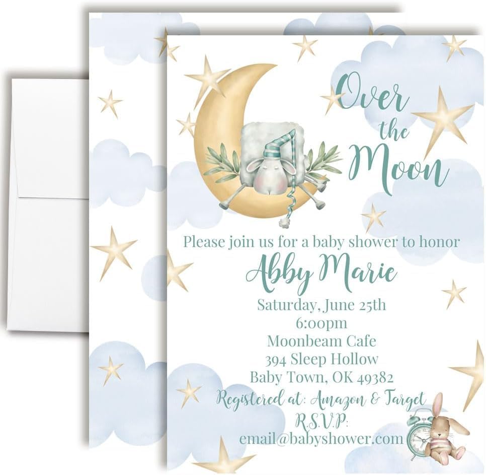 Custom Baby Shower Invites Over the Moon Invitations for Boys, Pack of 50 5x7 Personalized Sleepy Cloud & Stars Invites with Fifty Envelopes - Unique Watercolor Baby Shower Cards by AmandaCreation by AmandaCreation