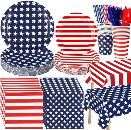 Funnymoom 218 Pcs Patriotic American Flag Party Decorations Plates Serve 24 by Funnymoom