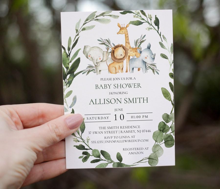 Wild One Baby Shower Invitation Set - Jungle Safari Greenery Animals Theme - Invites & Envelopes, Diaper Raffle Tickets, Book Request Cards - Gender Reveal Party Supplies, Personalized Large 5X7" - Image 4