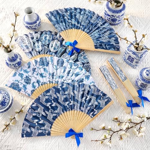 Roowest 36 Pcs Blue and White Folding Fans Bulk - Retro Chinoiserie Japanese Floral Paper Hand Foldable Fans for Wall Decor Wedding Guests Favor Gifts Tea Party Supplies - Image 4