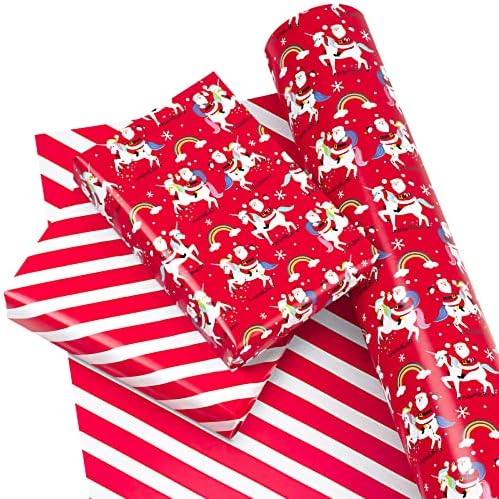 WRAPAHOLIC 30 Inch Jumbo Reversible Unicorn Christmas Wrapping Paper - 30 Inch x 100 Feet Jumbo Roll Red Santa Claus, Unicorn Wrapping Paper and Stripe Design for Holiday, Party - Image 2