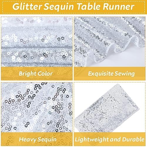Newwiee 12 Pack Round Plastic Tablecloth Sequin Runner Set, Silver, White - Image 3