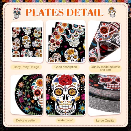 Funnymoom 400 Pcs Day of the Dead Party Supplies for 50 Guests Sugar Skull Plates and Napkins Cups Disposable Paper Dia De Los Muertos Tableware for Mexican Halloween Fiesta Birthday Party Favor - Image 2