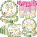 Funnymoom 400 Pcs Wild One Birthday Party Supplies for 50 Guests 1st First Safari Jungle Baby Shower Disposable Plate Napkin Cup Spoon Fork Knives for Girls Animal Party Decoration by Funnymoom